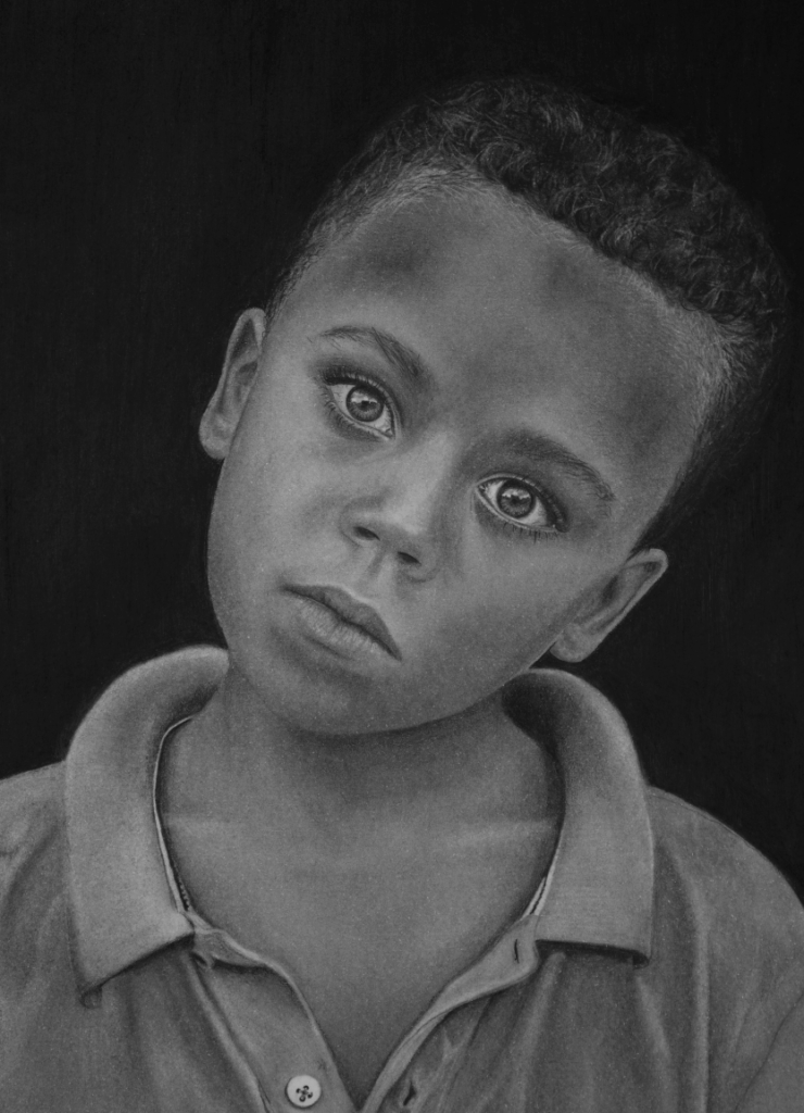 contemporary charcoal drawings, portrait drawing of a young boy titled The Boy with the Sad Look (2024) by Janis Bär
