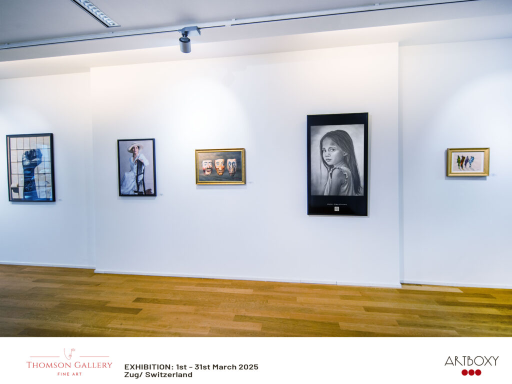 Charcoal portrait artworks by Janis Baer displayed in gallery exhibition in  Switzerland. charcoal and graphite art exhibitions.