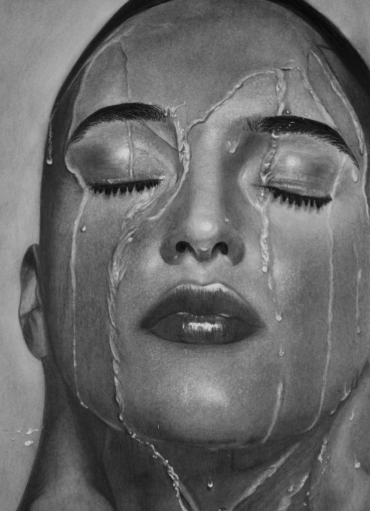 Contemporary charcoal portrait drawing of a woman with water titled Woman With Water by Janis Bär