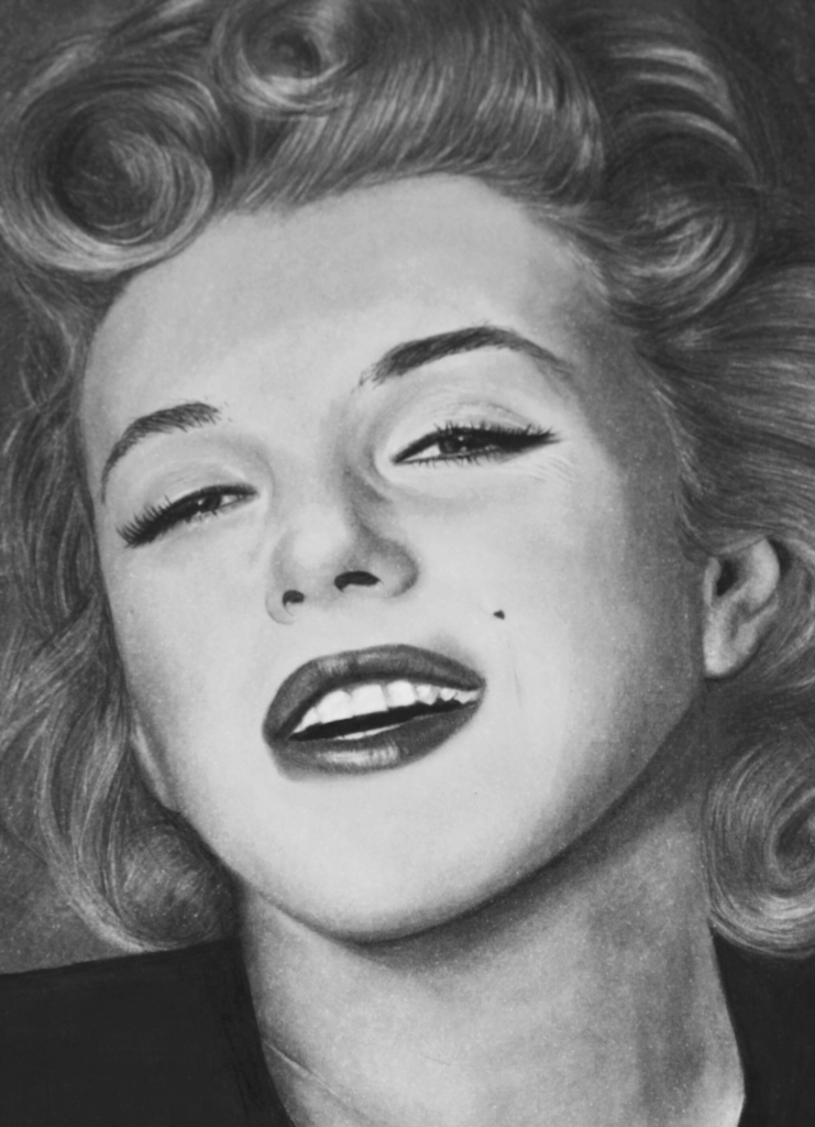 Charcoal portrait drawing titled Timeless Marilyn showing a glamorous woman with a radiant smile and classic Hollywood elegance