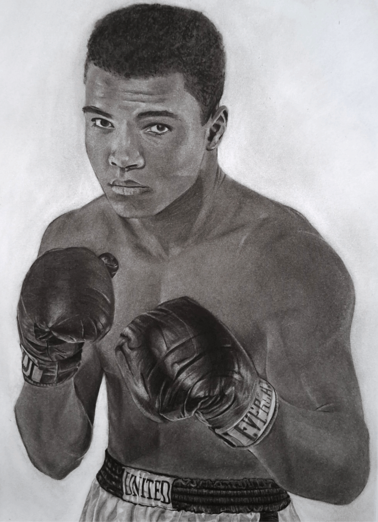 Charcoal portrait drawing titled The Greatest Muhammad Ali depicting a legendary boxer in a classic fighting stance