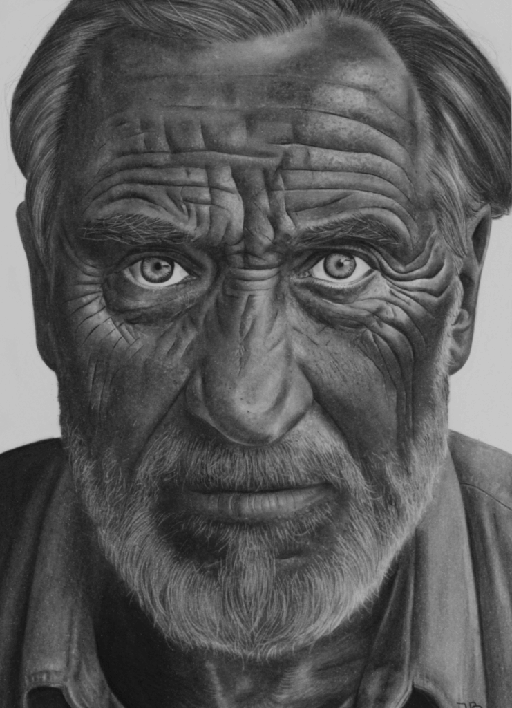 Contemporary charcoal portrait drawing of an elderly man titled The Gaze of Time by Janis Bär