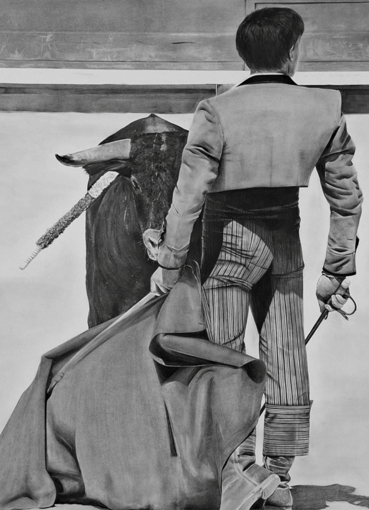Contemporary charcoal drawing titled Confrontation depicting a solitary figure facing symbolic forms in a surreal and emotionally charged scene