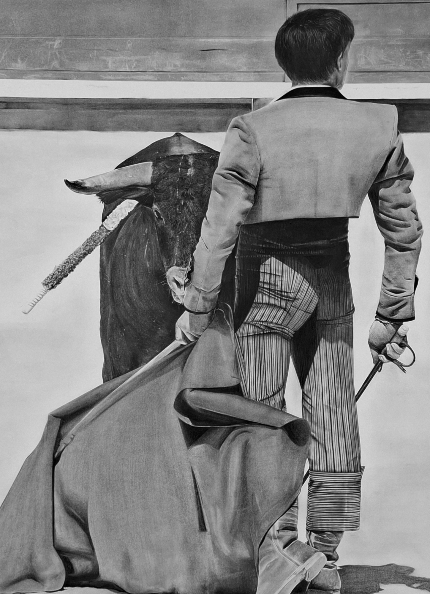 Contemporary charcoal drawing titled Confrontation depicting a solitary figure facing symbolic forms in a surreal and emotionally charged scene