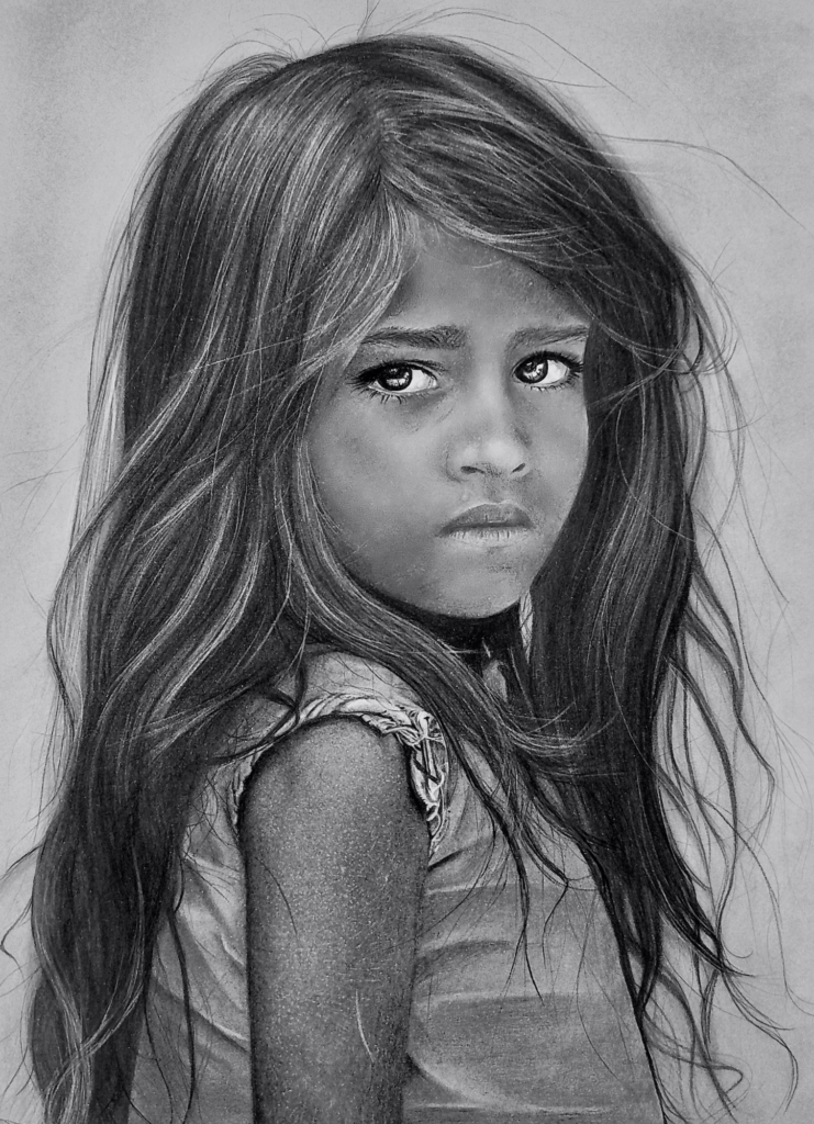 contemporary charcoal drawings, portrait drawing of a young girl titled The Girl with the Sad Look (2024) by Janis Bär