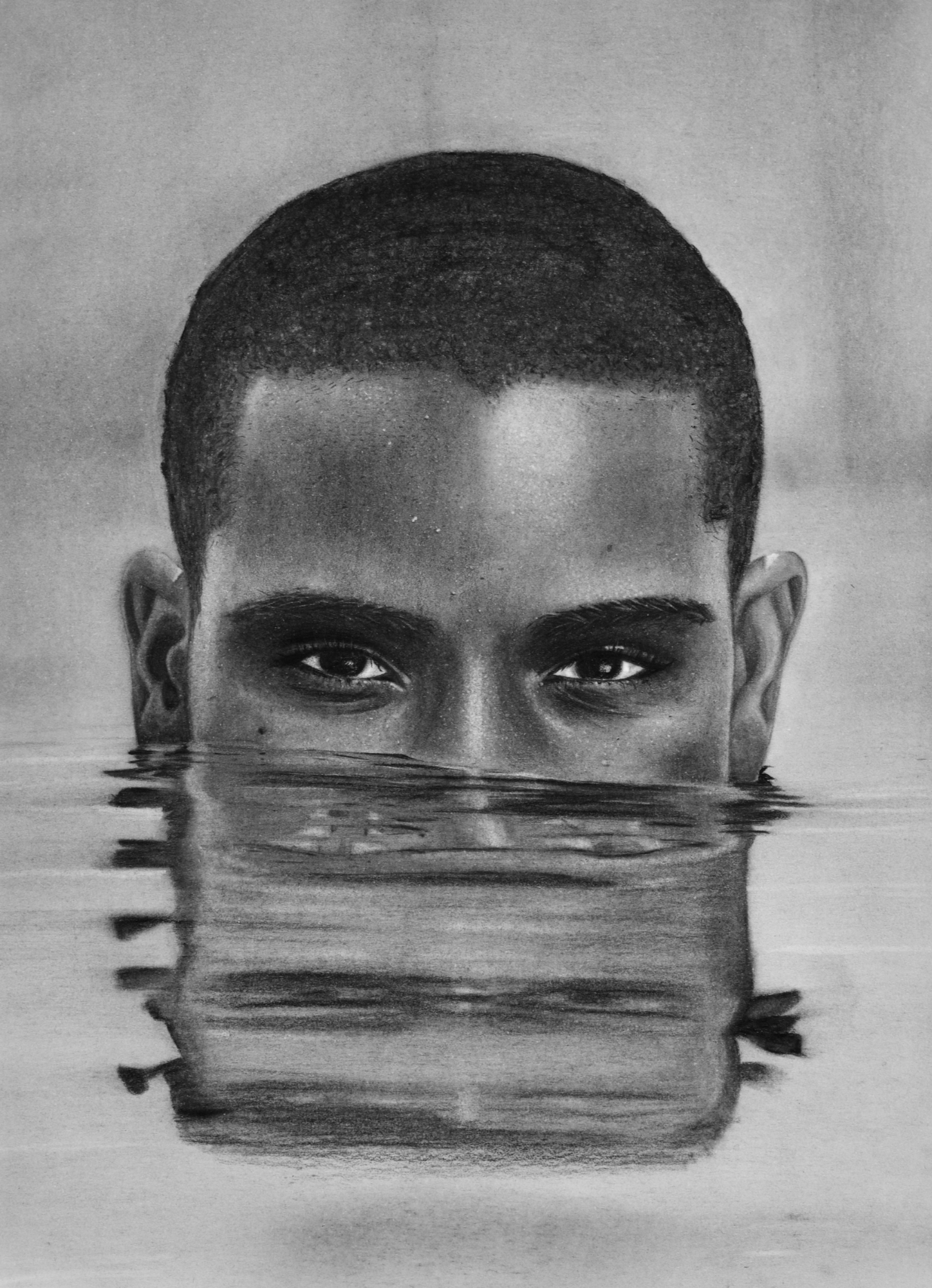 Contemporary charcoal portrait of a man reflected in water titled Between Selves by Janis Bär. Between Selves (2024)