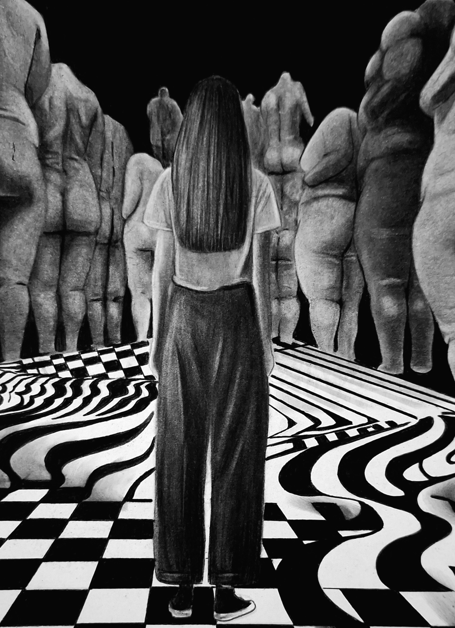 Contemporary charcoal drawing titled Nightmare showing a solitary figure surrounded by distorted human forms in a surreal landscape