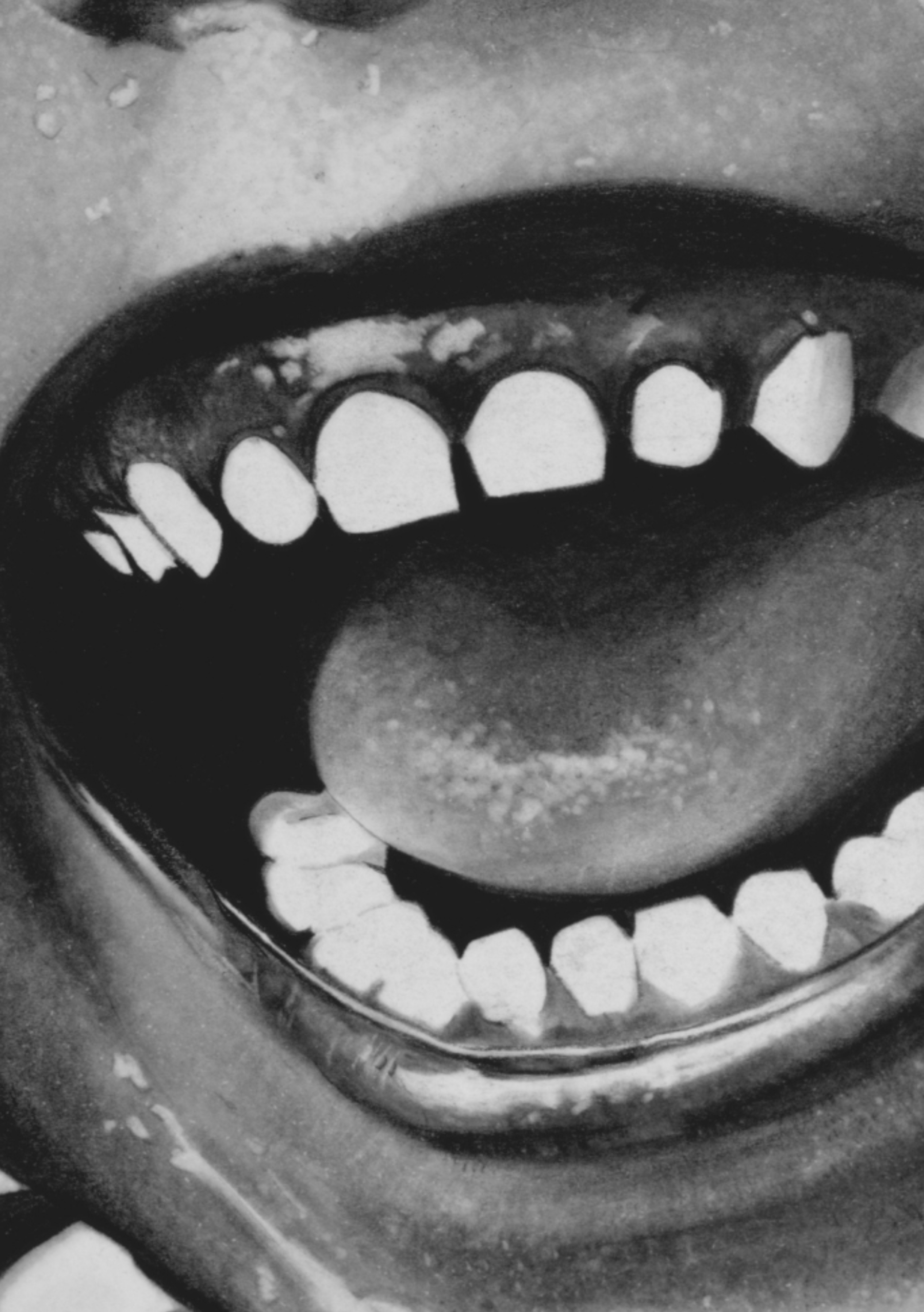 Close-up detail of Before Fear by Janis Bär, showing a joyful smile and expressive facial features in a contemporary charcoal portrait.