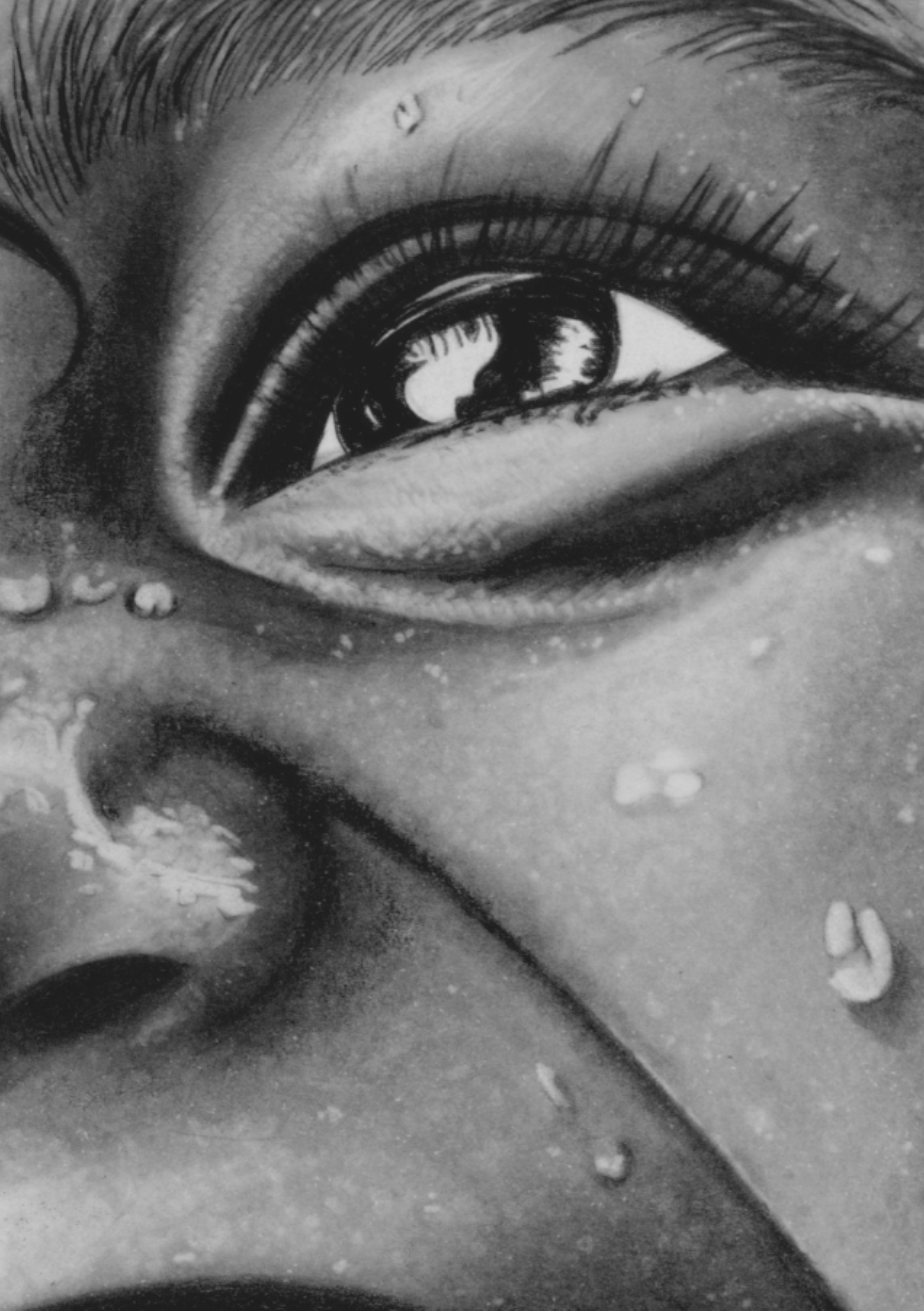 Close-up eye detail from Before Fear by Janis Bär, highlighting emotion, charcoal textures and facial expression.