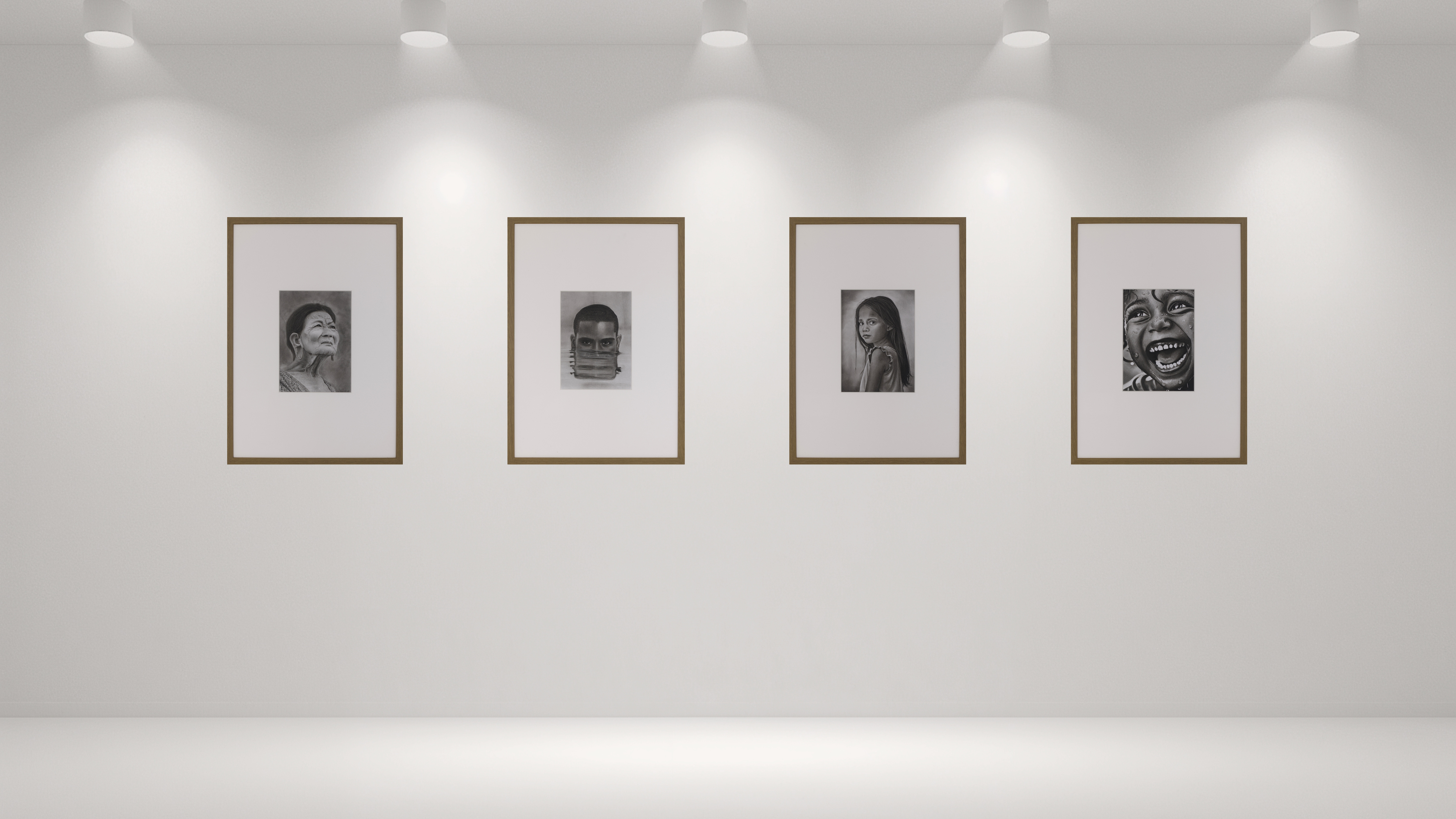 Faces of Humanity series displayed in a contemporary gallery presentation by Janis Bär.
