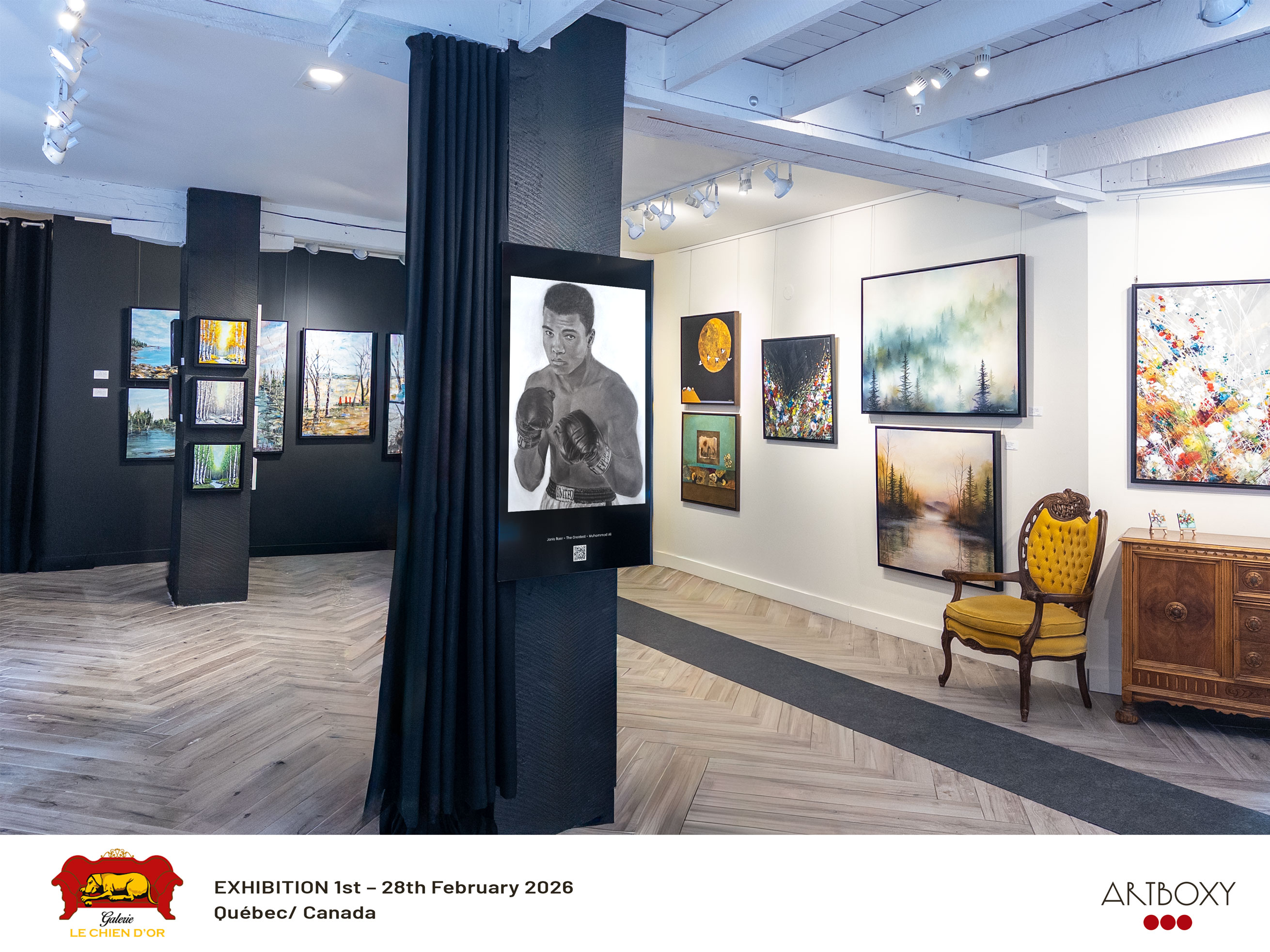 Charcoal portrait drawing "The Greatest Muhammad Ali" by Janis Bär presented in an international digital exhibition at Lieu Historique National des Forts-de-Lévis, Québec, Canada, February 2026.