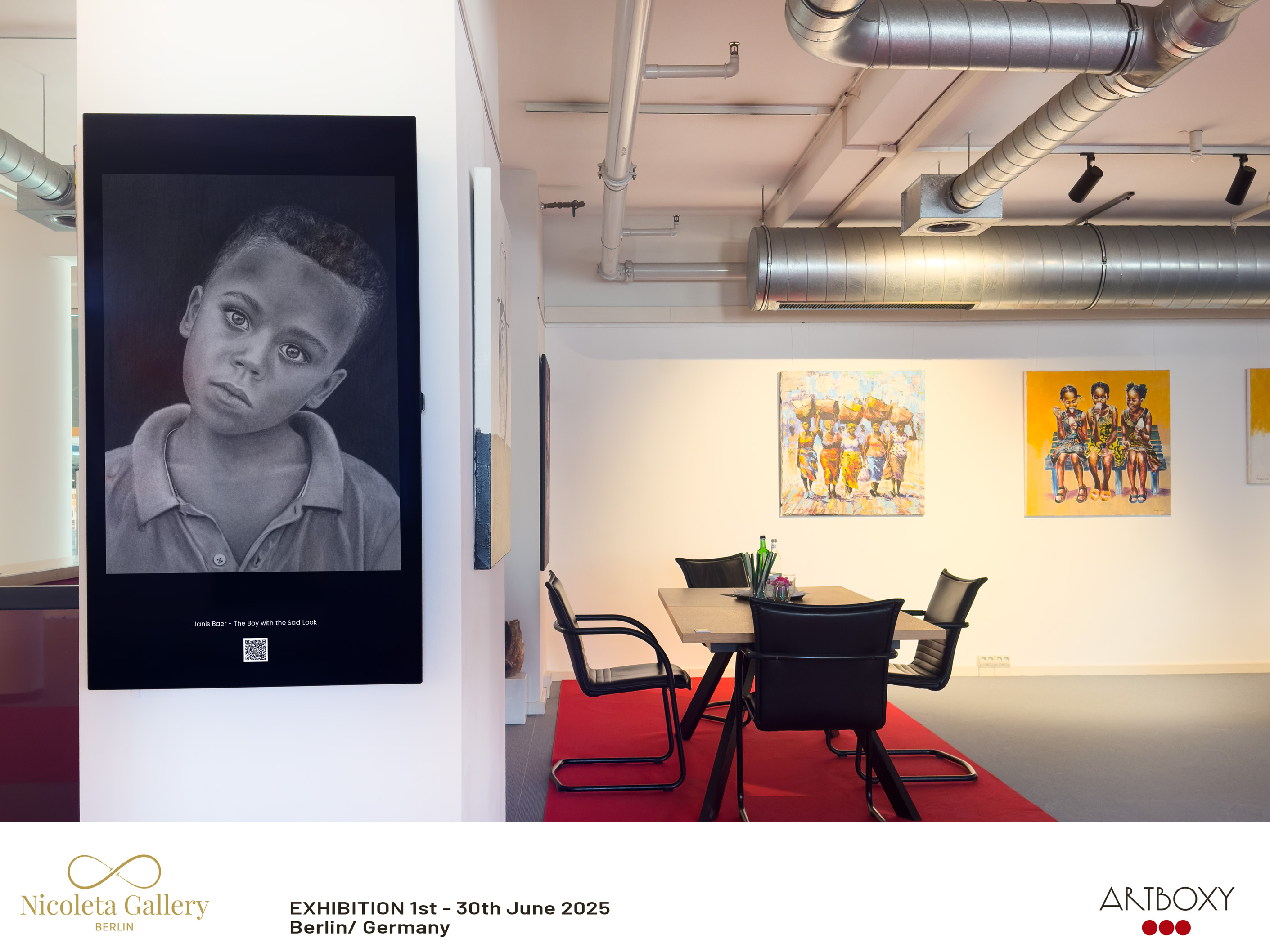 Contemporary charcoal portrait artwork "The Boy with the Sad Look" by Janis Bär, digitally exhibited at Nicoleta Gallery in Berlin, Germany, June 2025.