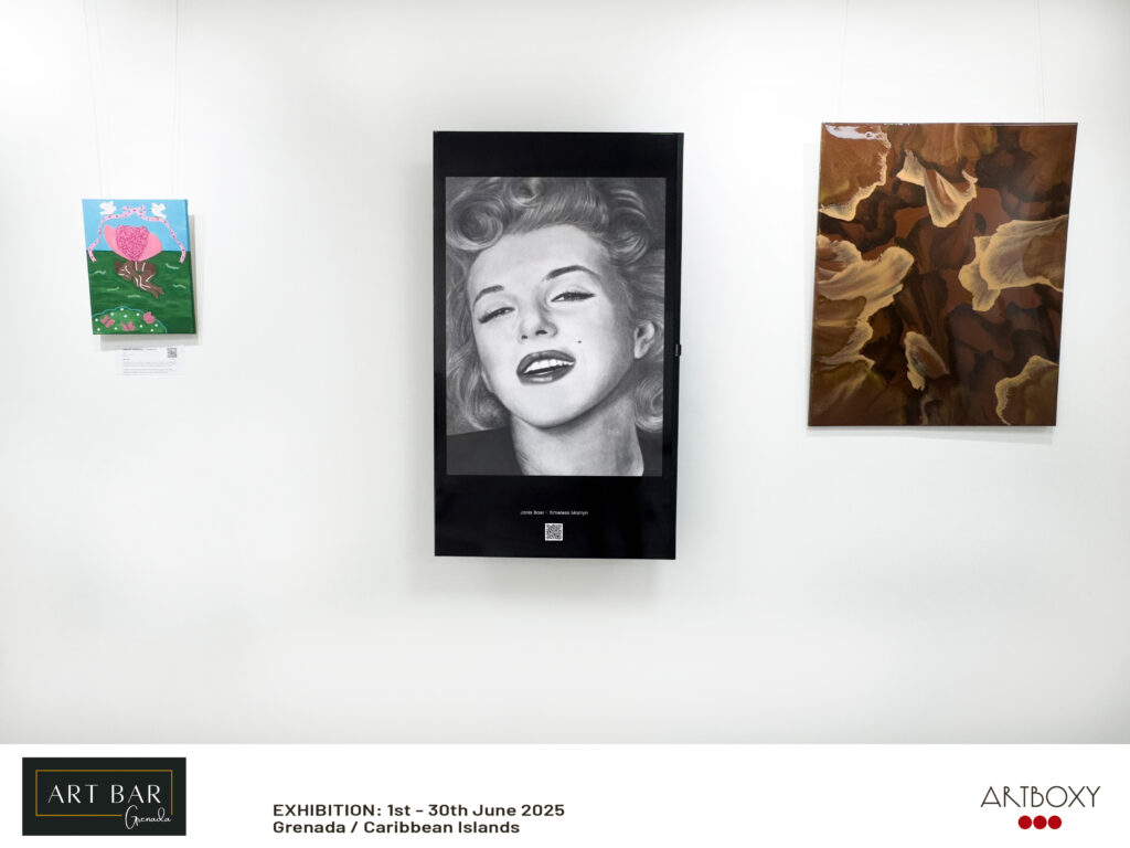 Contemporary charcoal portrait artwork "Timeless Marilyn" by Janis Bär, digitally exhibited at Art Bar Grenada Gallery in St. Georges, Grenada, June 2025.