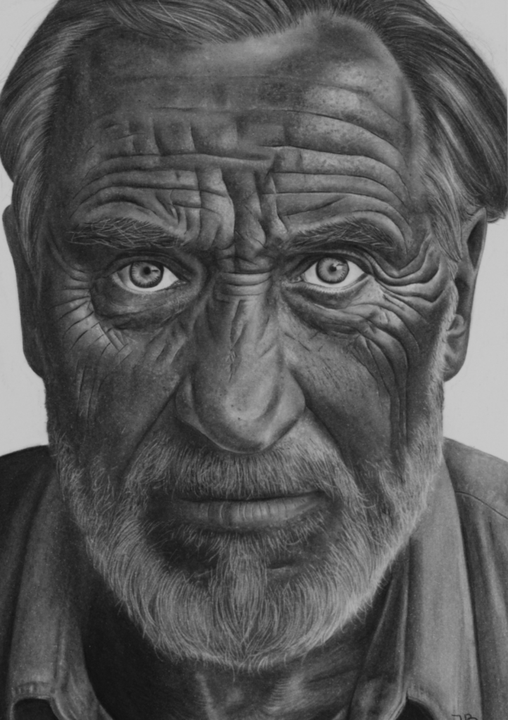 Contemporary Charcoal Artist. A portrait drawing of an elderly man titled The Gaze of Time by Janis Bär, showing expressive facial features and a thoughtful gaze.