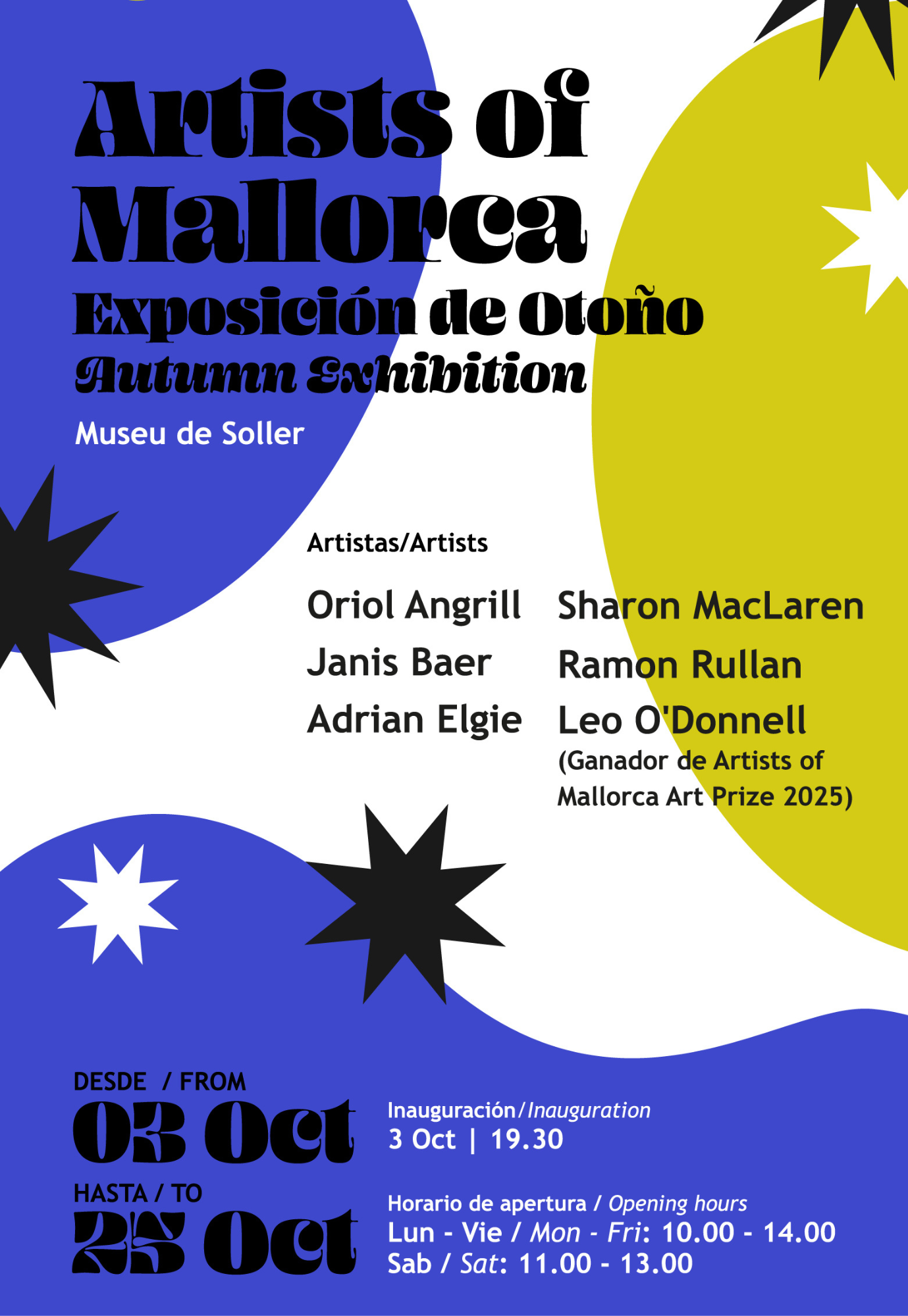 Exhibition poster for the Artists of Mallorca Autumn Exhibition 2025 at Museu de Sóller, Mallorca, featuring participating artists including Janis Bär.
