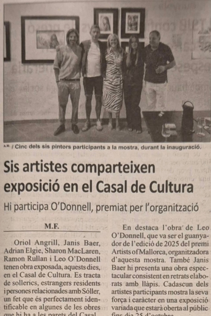 Newspaper article featuring the Artists of Mallorca Autumn Exhibition 2025 at Museu de Sóller, including participating artists and exhibition coverage.
