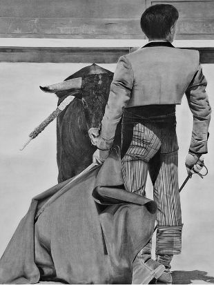 Confrontation – charcoal drawing depicting a matador standing before a bull, exploring tension, courage and human conflict, by Janis Bär.