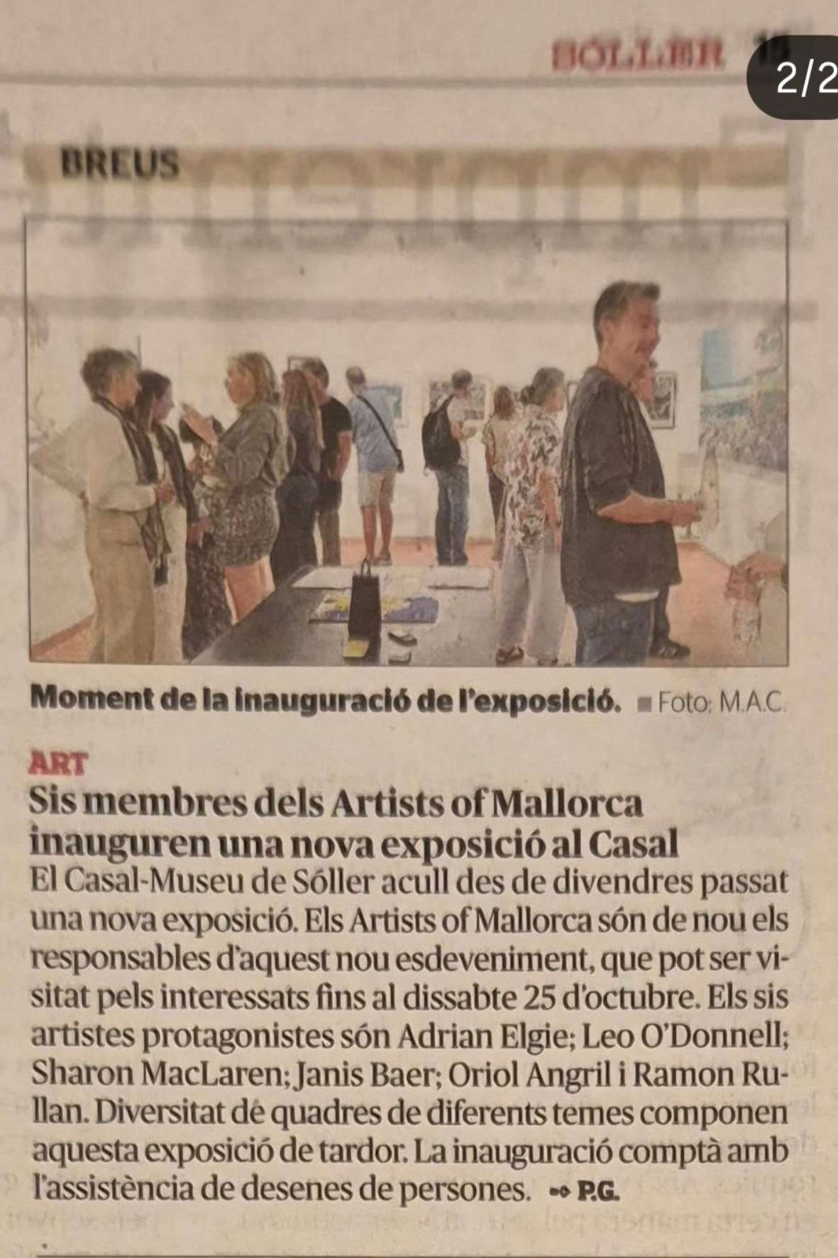 Newspaper article reporting on the opening of the Artists of Mallorca Autumn Exhibition 2025 at Museu de Sóller, Mallorca.