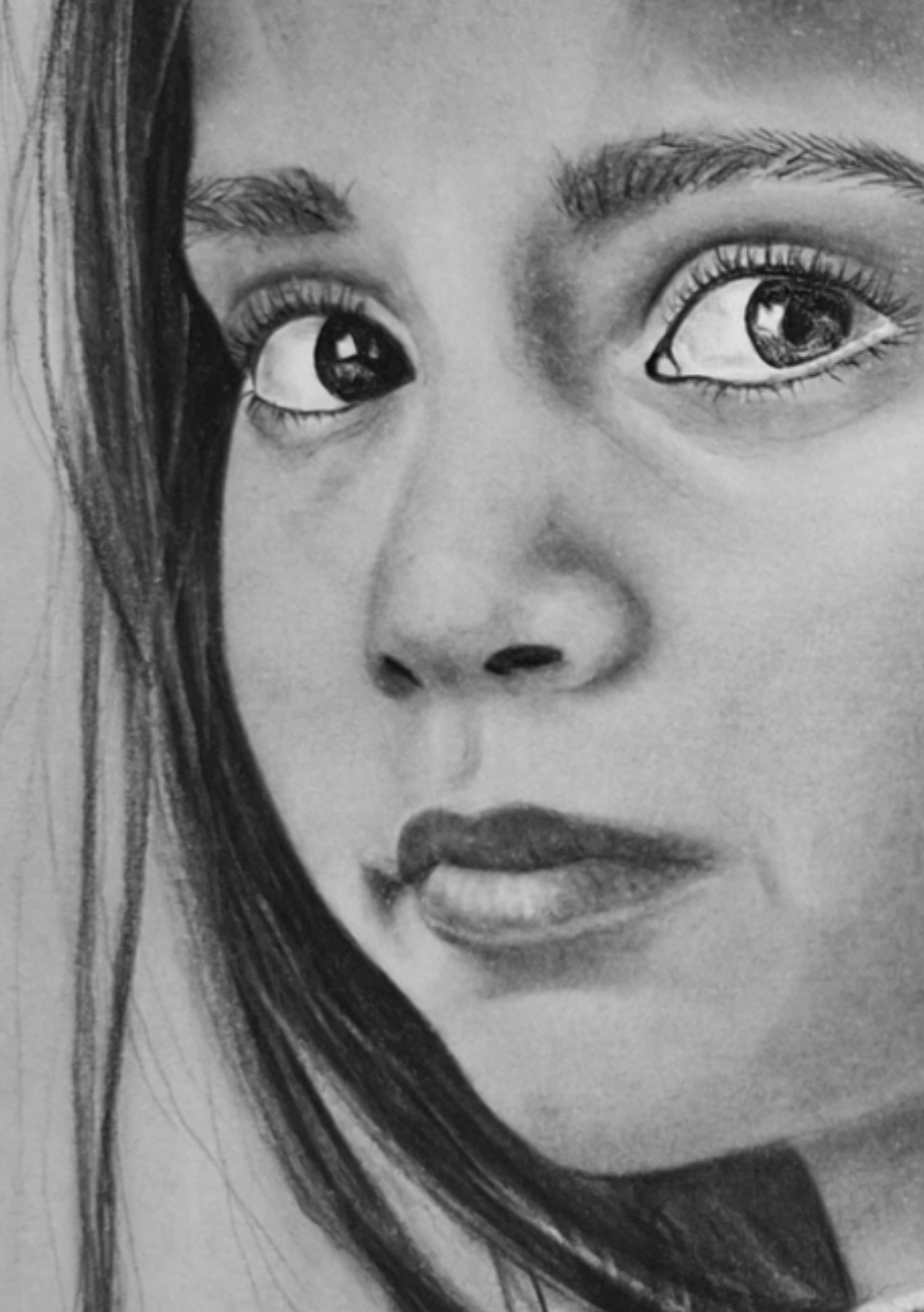 Close-up detail of The First Doubt by Janis Bär, showing the child's gaze and facial expression in a contemporary charcoal portrait.