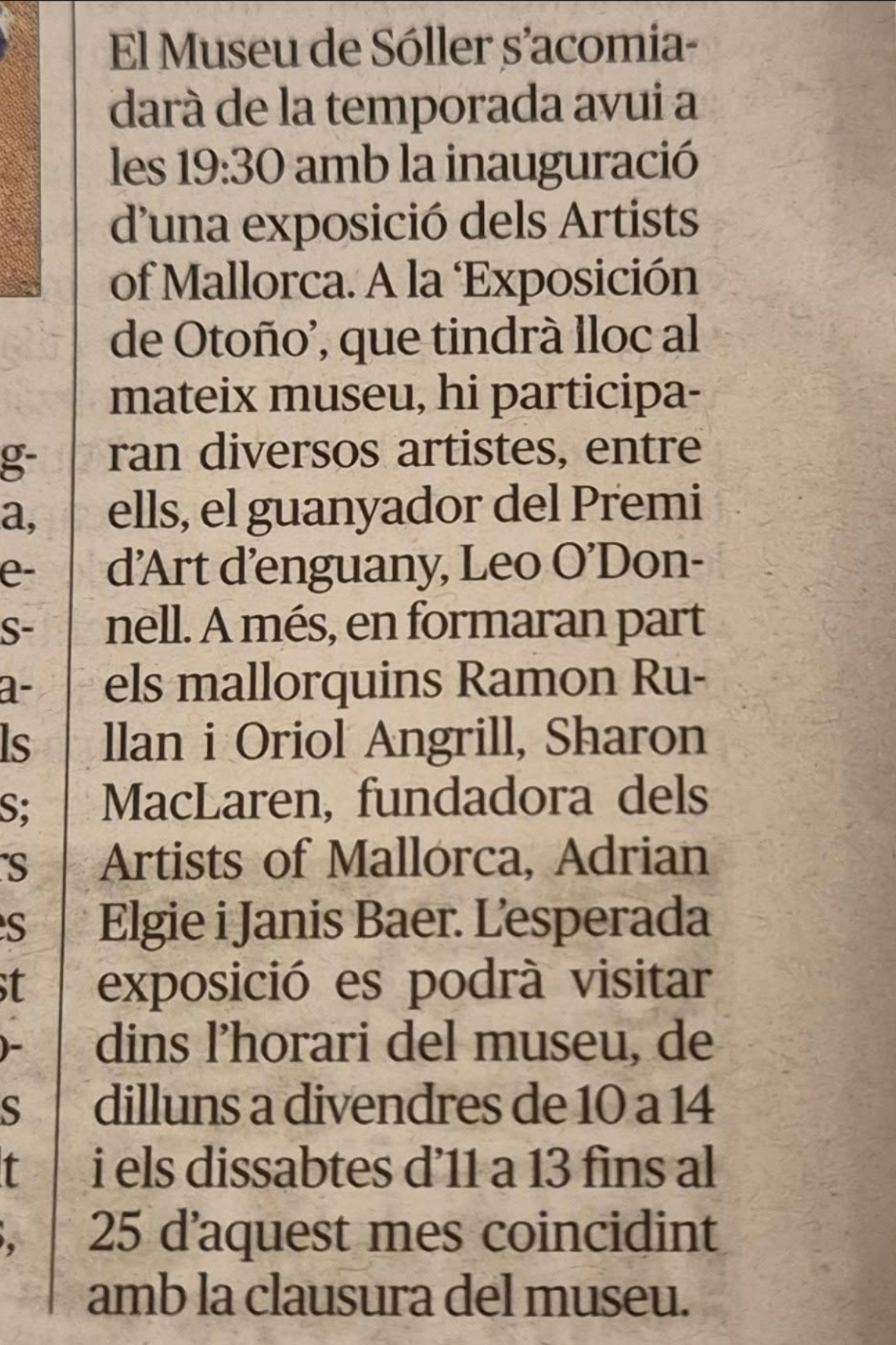Newspaper announcement for the Artists of Mallorca Autumn Exhibition 2025 at Museu de Sóller, listing participating artists including Janis Bär.