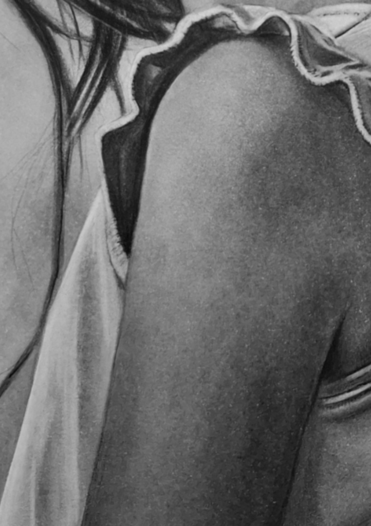 Close-up detail of The First Doubt by Janis Bär, highlighting charcoal textures, fabric folds and tonal shading.