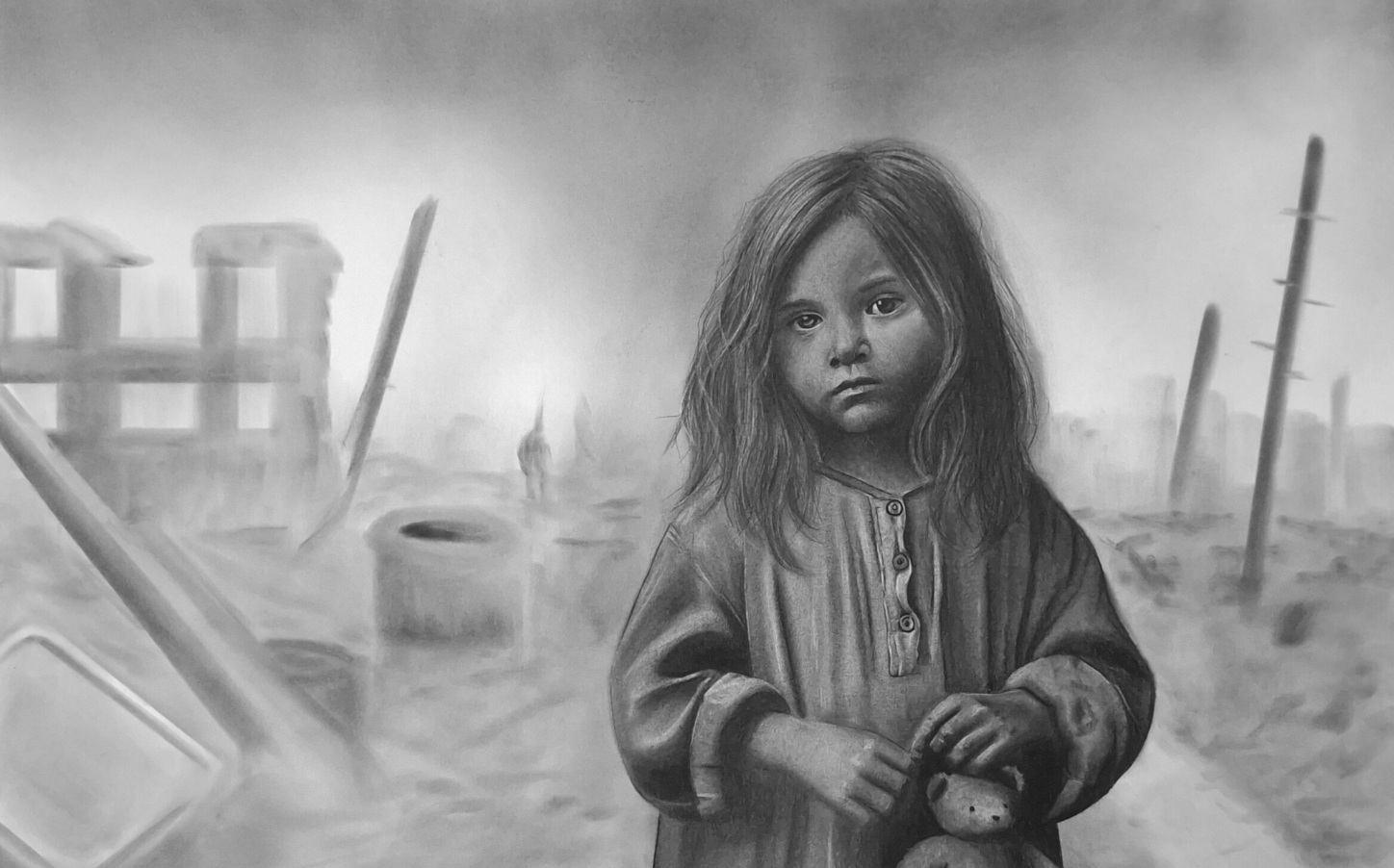 Glimpse of Lost Innocence, a charcoal and graphite drawing by Janis Bär depicting a young girl standing in a damaged landscape while holding a worn teddy bear.