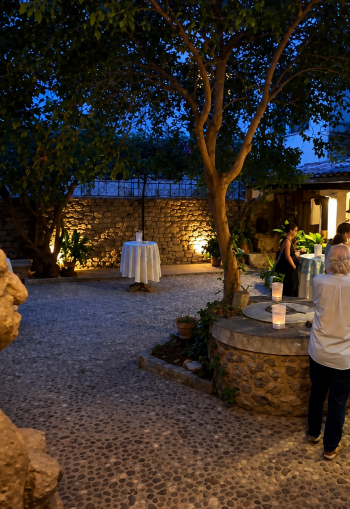 Evening view of the courtyard at Museu de Sóller during the Artists of Mallorca Autumn Exhibition 2025, with visitors gathering in a relaxed outdoor setting.