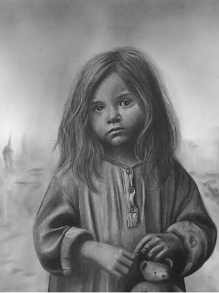 The Lost Innocence – charcoal portrait of a young girl reflecting themes of childhood, vulnerability and emotional growth, by Janis Bär.