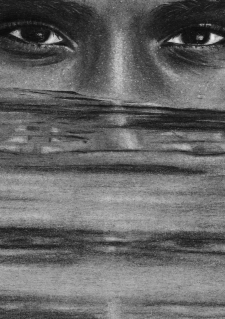 Close-up detail of Between Selves by Janis Bär, showing the eyes and water surface in a contemporary charcoal portrait drawing.