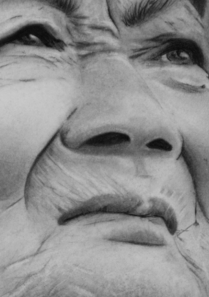 Close-up detail of Echoes of Time by Janis Bär, showing expressive facial features and charcoal textures in a contemporary portrait drawing.