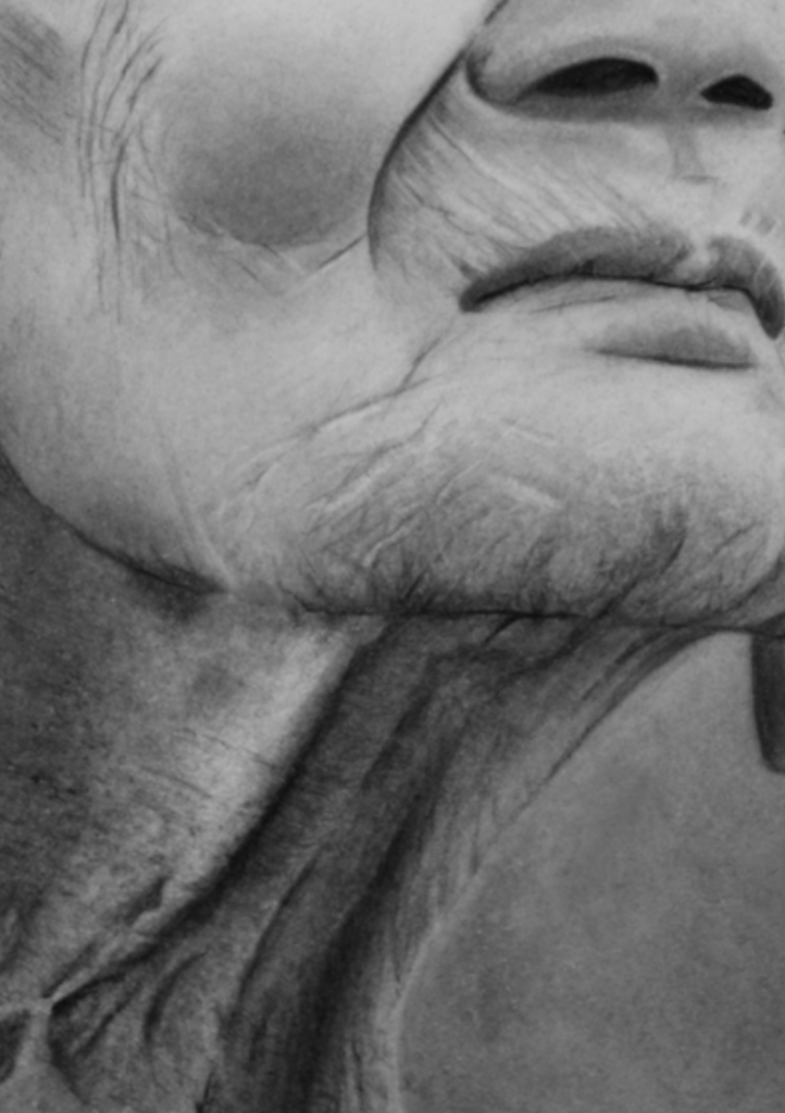 Detail view of Echoes of Time, a contemporary charcoal portrait drawing by Janis Bär showing facial features and charcoal textures.