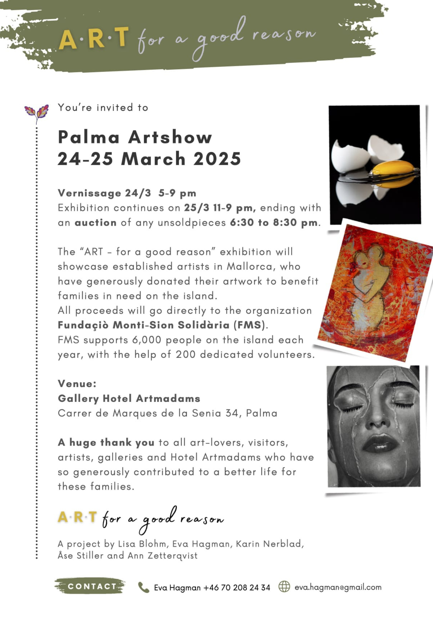 Official invitation flyer for the charity exhibition ART for a Good Reason held at Gallery Hotel Artmadams in Palma, Mallorca, in March 2025.