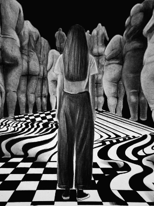 Nightmare – charcoal drawing by Janis Bär showing a solitary figure surrounded by faceless figures in a surreal dreamlike scene.