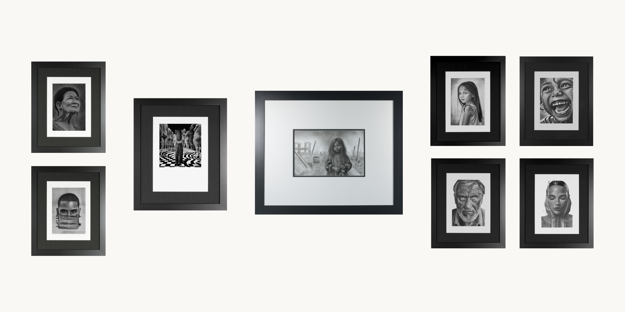 Installation view of framed charcoal and graphite drawings by Janis Bär exhibited during the Artists of Mallorca Autumn Exhibition 2025 at Museu de Sóller, Mallorca.