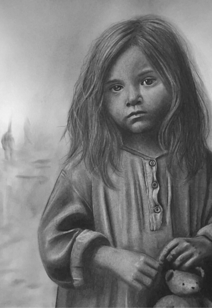 The Glimpse of Lost Innocence (2024), charcoal drawing by Janis Bär depicting a young girl holding a stuffed toy.
